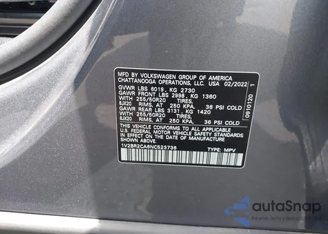 2022 Volkswagen Atlas 3.6L V6 Sel from USA, damaged, VIN 1V2BR2CA6NC523736